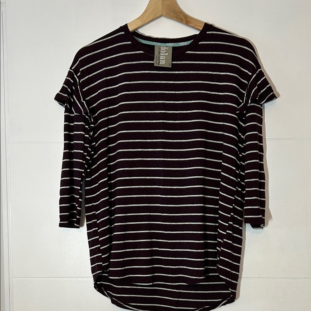 Striped Anthropologie Dolan Plum and White Women's Top with Ruffle Detail